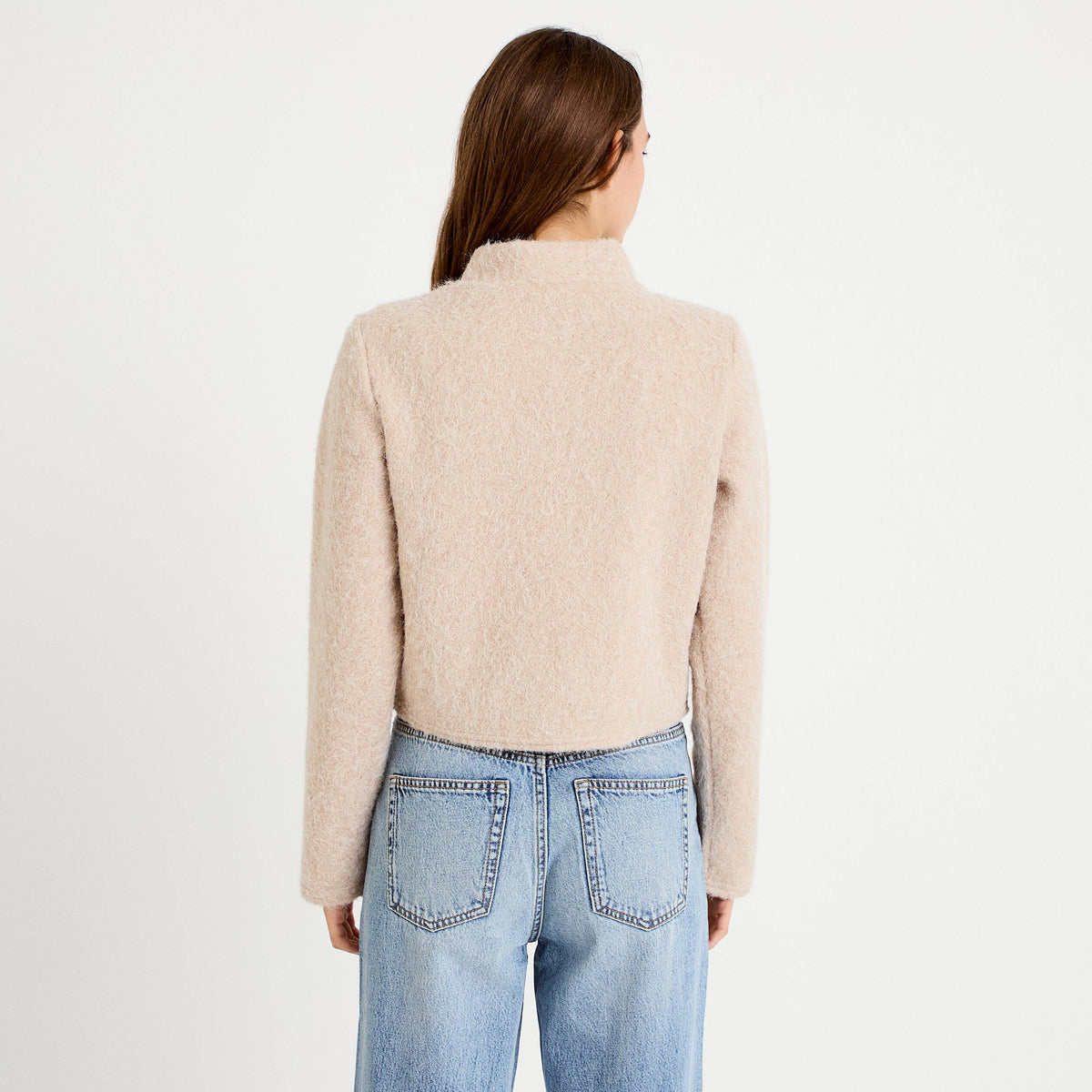 Straight Cut Cropped Fleece-Effect Jacket in Ivory, view 2