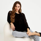 Straight Cut Long Sleeve Tie Neck Blouse in Black, view 1