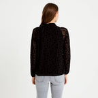 Straight Cut Long Sleeve Tie Neck Blouse in Black, view 2