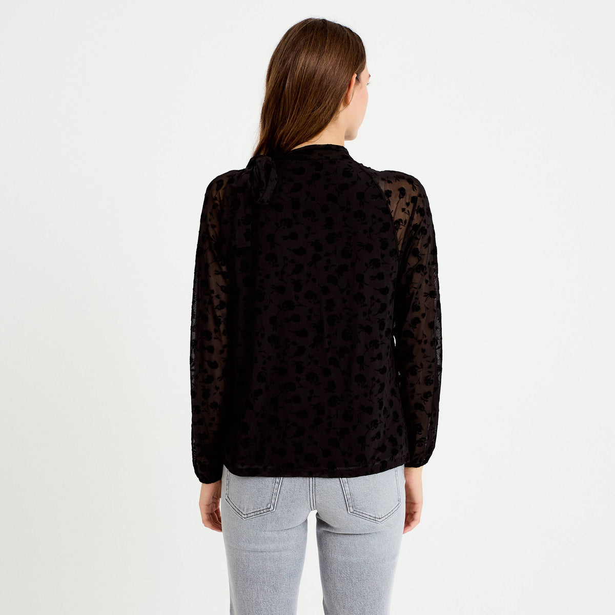 Straight Cut Long Sleeve Tie Neck Blouse in Black, view 2