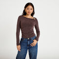 Fitted Boat Neck Long Sleeve Top in Dark Brown, view 1