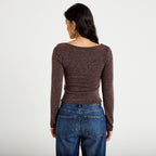 Fitted Boat Neck Long Sleeve Top in Dark Brown, view 2