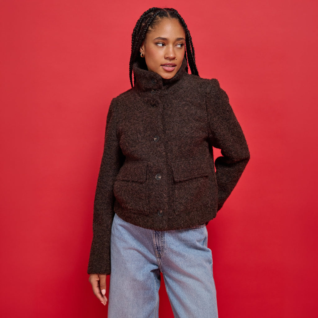 Straight Cut Boucle Stand Collar Jacket in Dark Brown, view 1