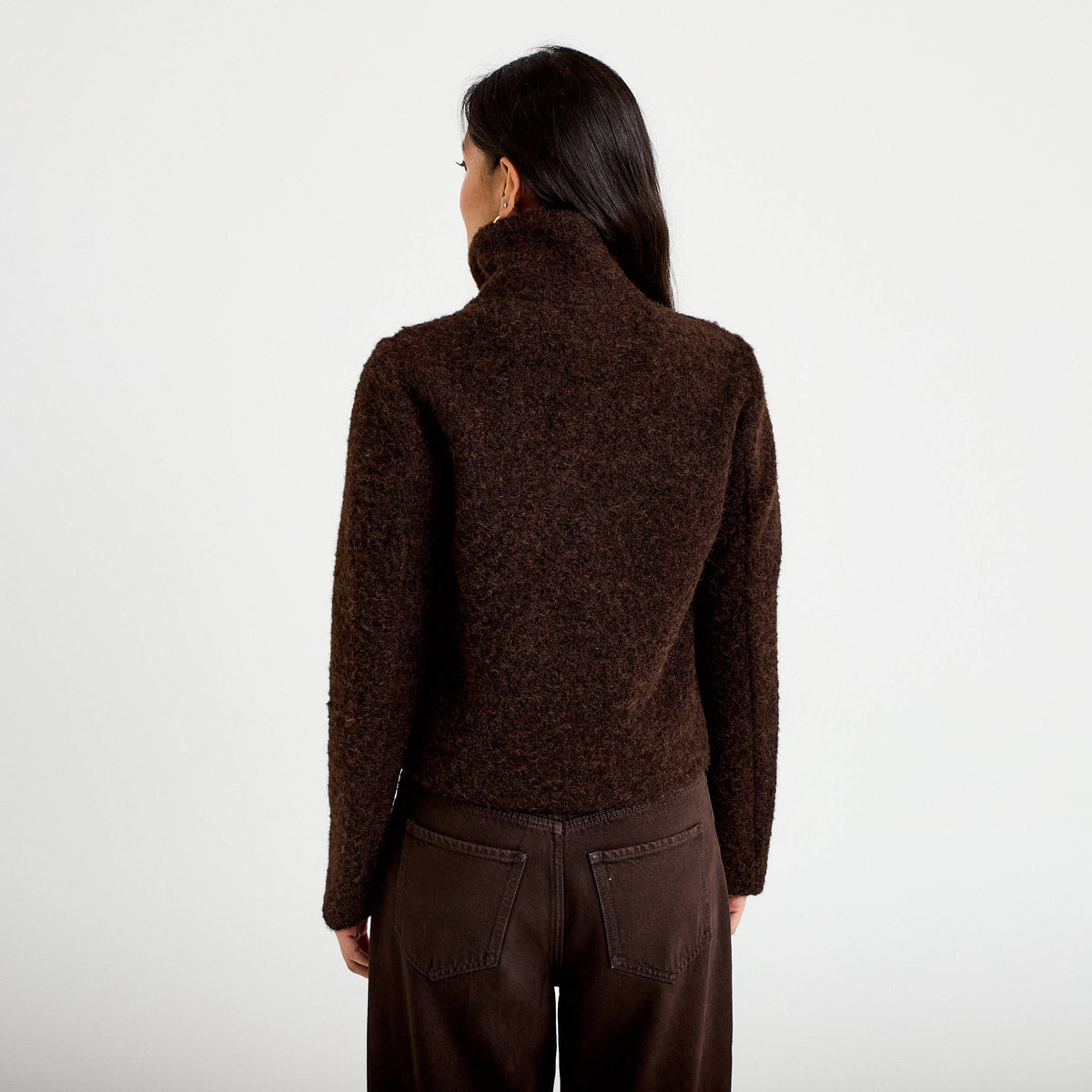 Straight Cut Boucle Stand Collar Jacket in Dark Brown, view 2