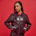 Straight Cut Cropped Faux Leather Jacket in Dark Purple, view 1