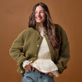 Oversized Long Sleeve Bomber Jacket in Khaki Green, view 1