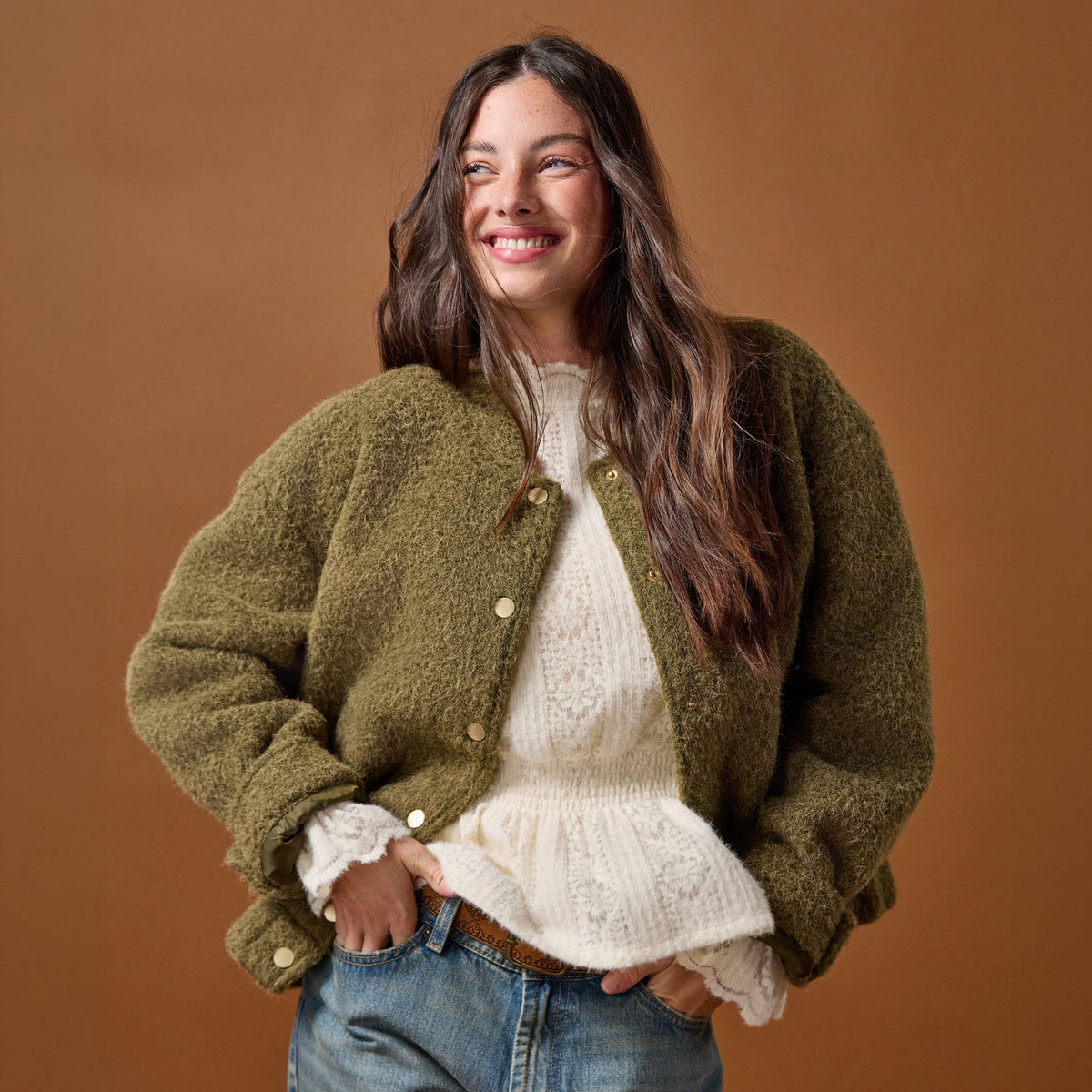 Oversized Long Sleeve Bomber Jacket in Khaki Green, view 1