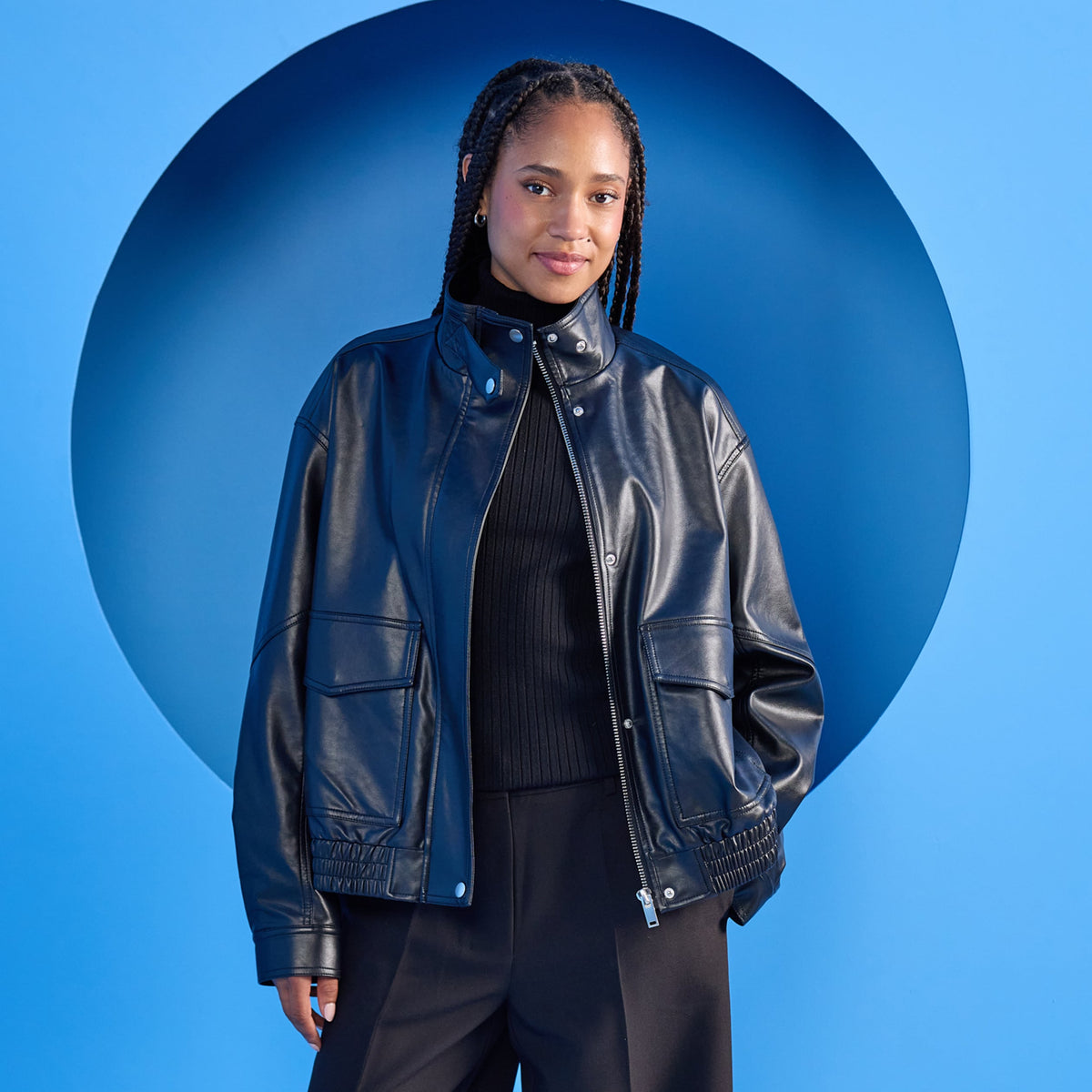 Balloon Shape Faux Leather Jacket in Black, view 1