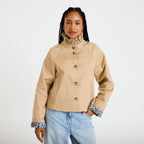 Straight Cut Stand Collar Long Sleeve Jacket in Beige, view 1