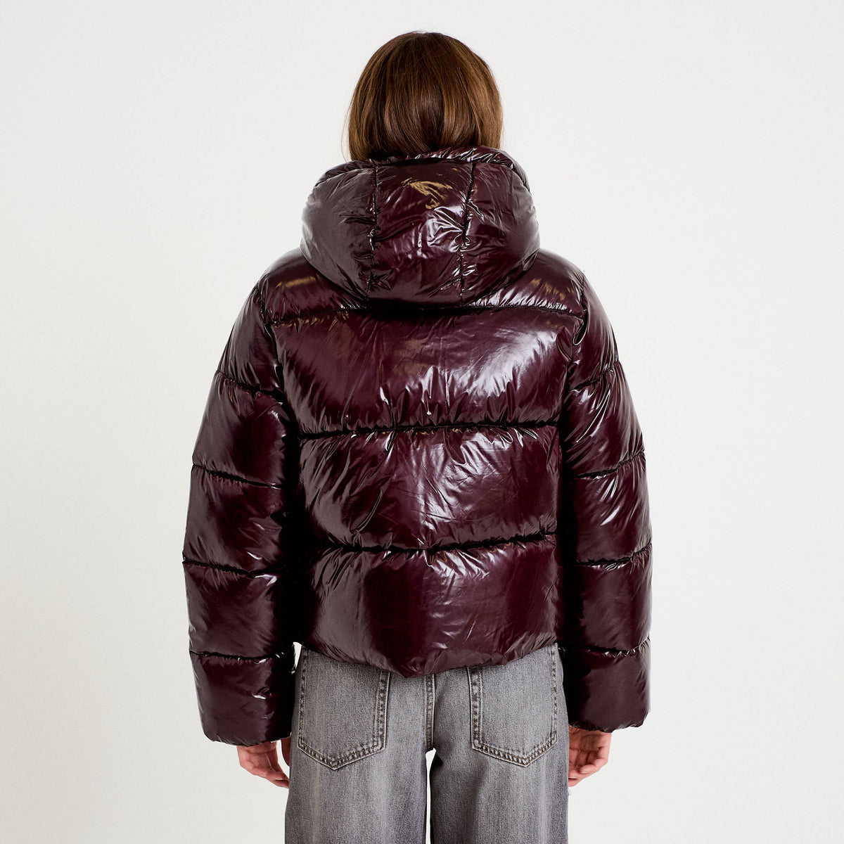 Long Sleeve Puffer Jacket with Gathered Hem in Dark Purple, view 2