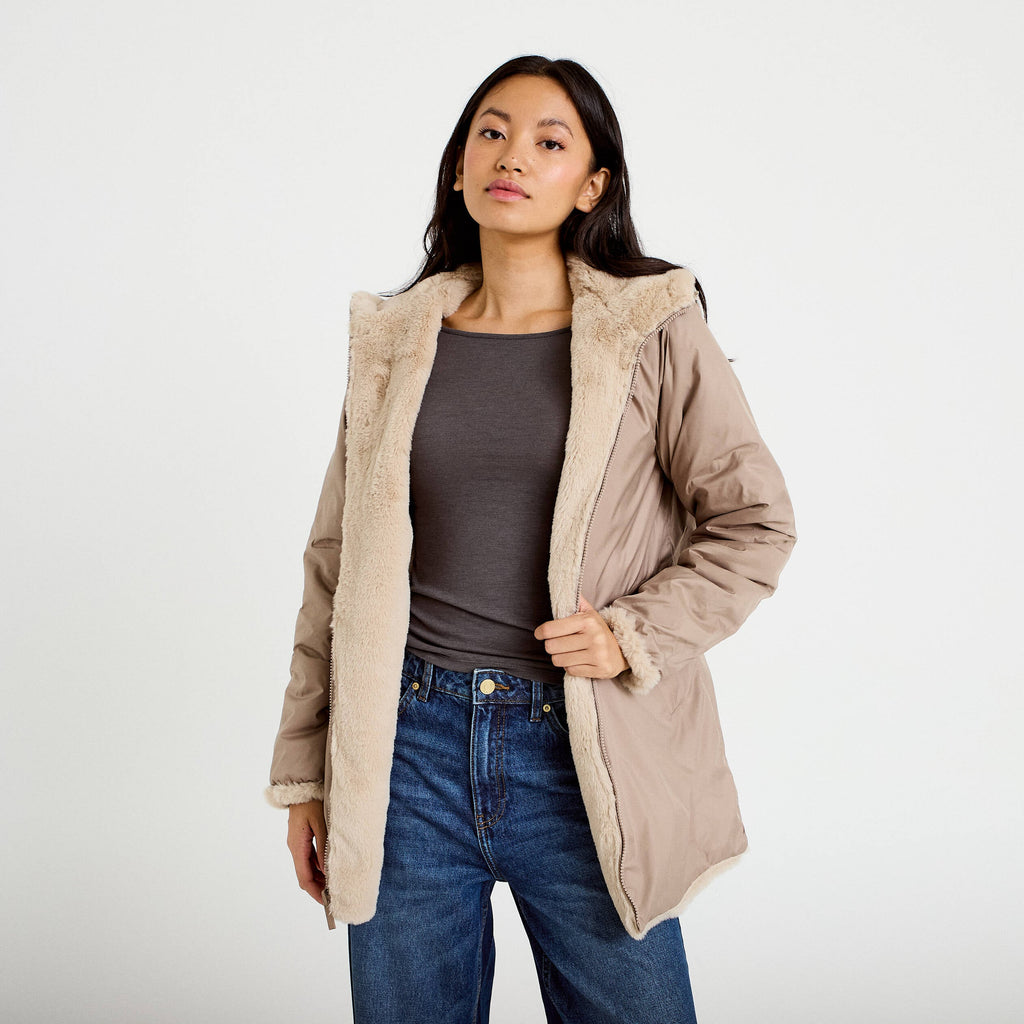 Reversible Three-Quarter Length Hooded Parka in Beige, view 1