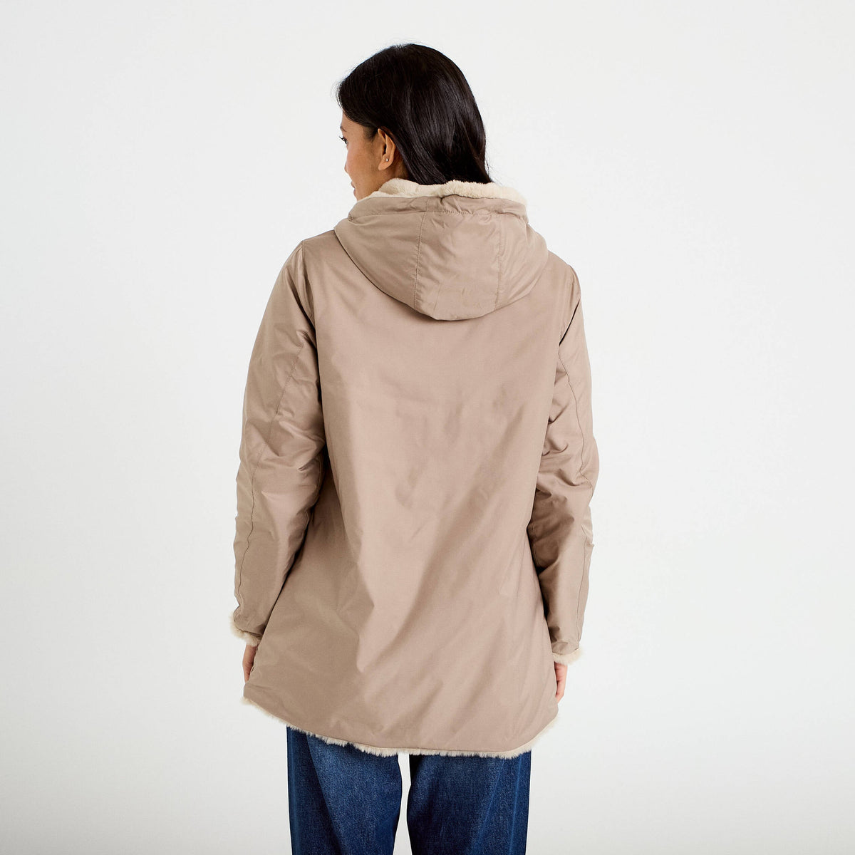 Reversible Three-Quarter Length Hooded Parka in Beige, view 2