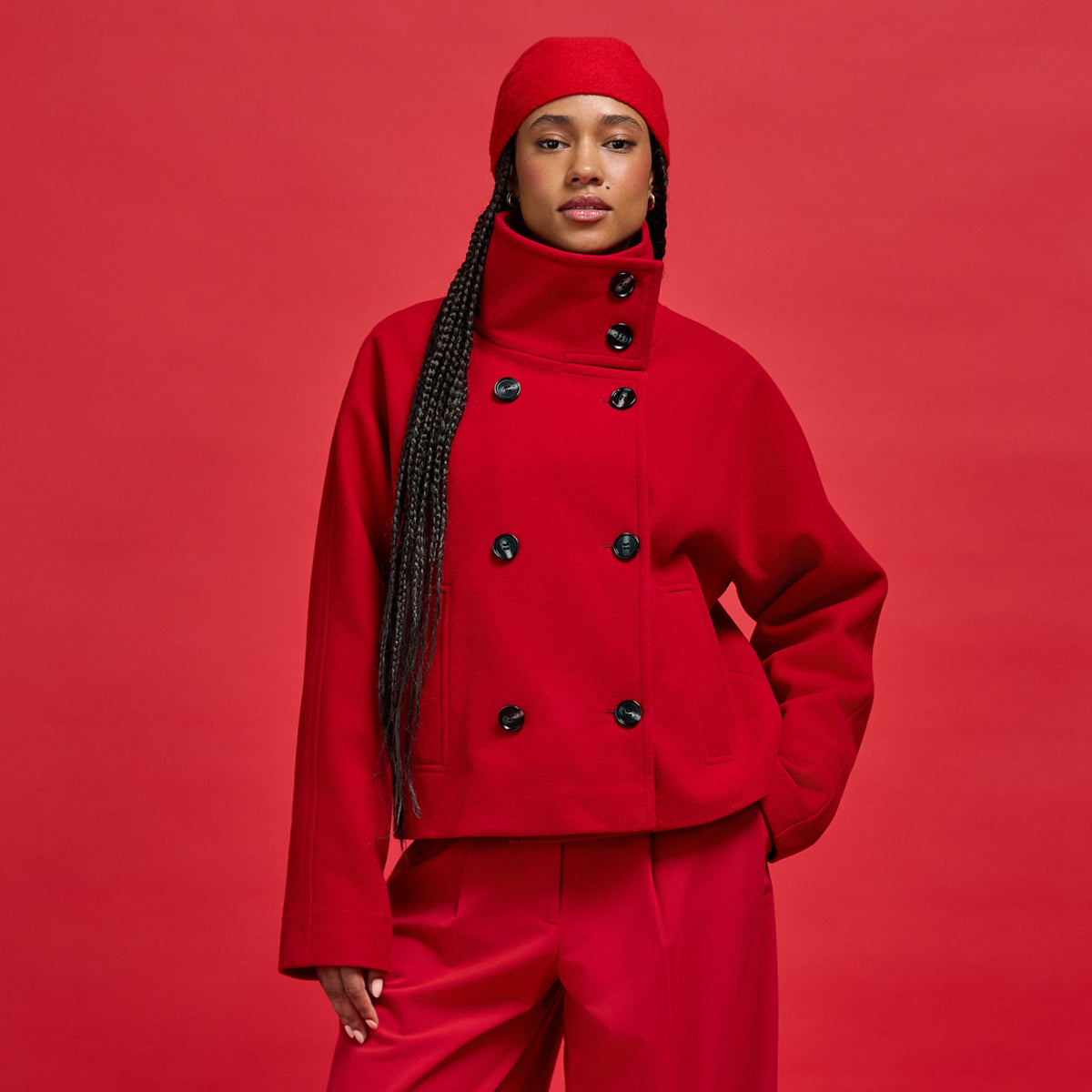 Heathered Stand Collar Long Sleeve Jacket in Red, view 1