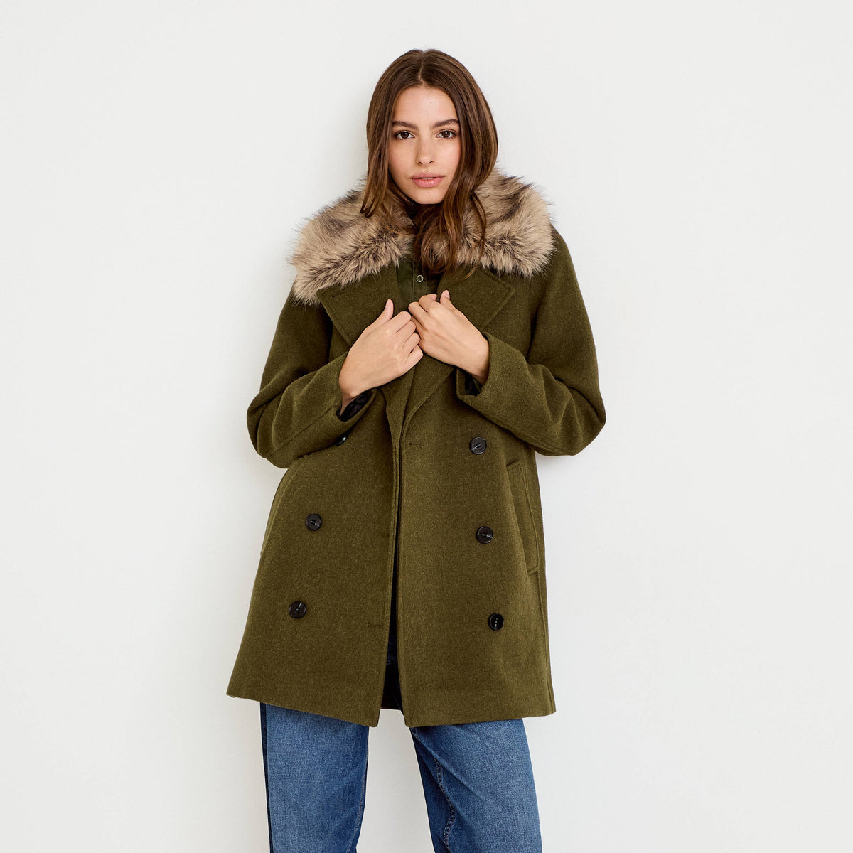 Straight Mid-Length Coat with Tailored Collar in Khaki Green, view 1