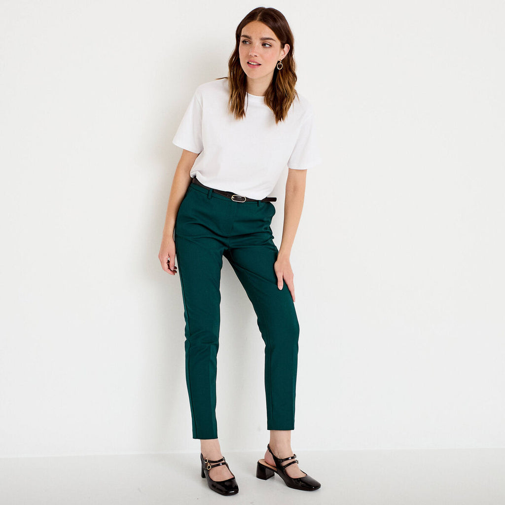 Pantalon cigarette ceinturé vert foncé femme