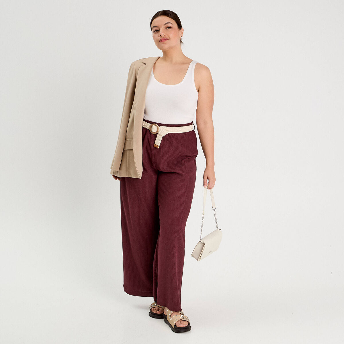 Pantalon large fluide ceinturé prune femme
