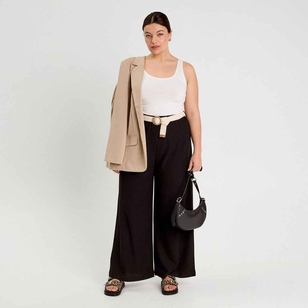 Pantalon large fluide ceinturé noir femme