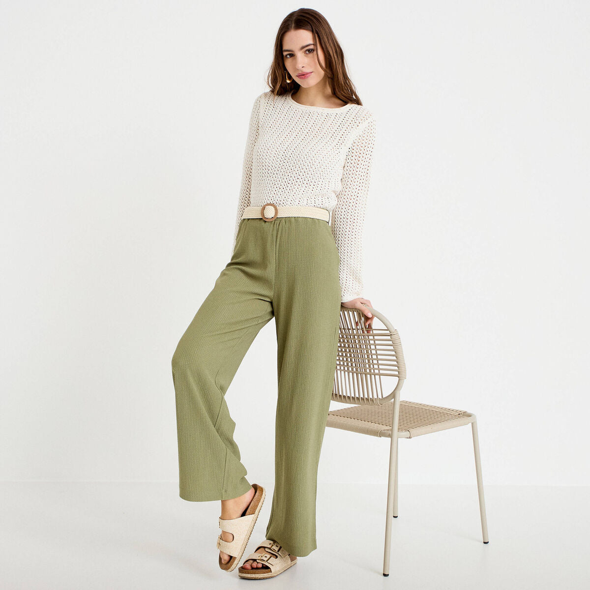 Pantalon large fluide ceinturé vert kaki femme
