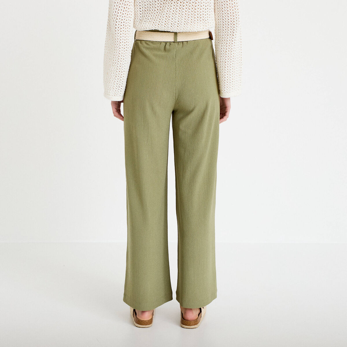Pantalon large fluide ceinturé vert kaki femme