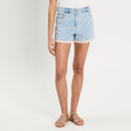 Short en jean détails dentelle denim bleach femme