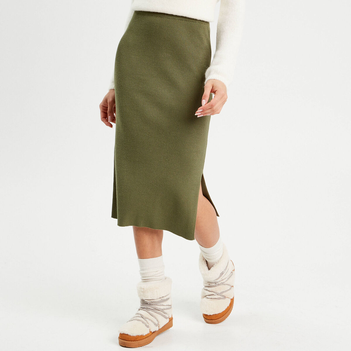 Jupe tricot midi droite vert kaki femme