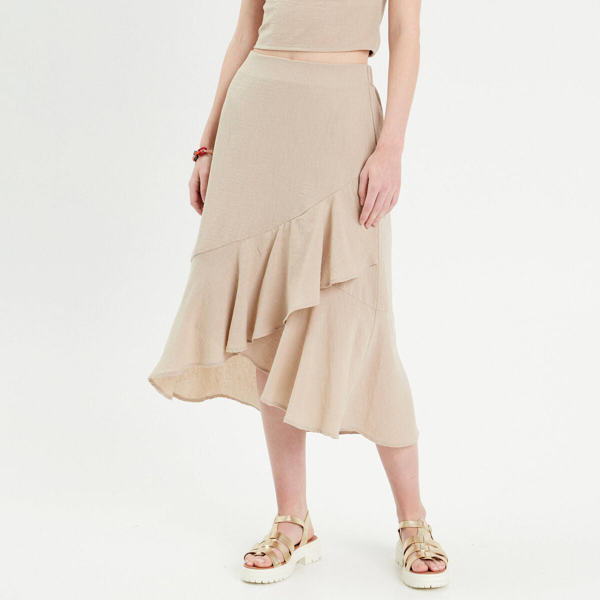 Jupe longue trapèze volants beige femme