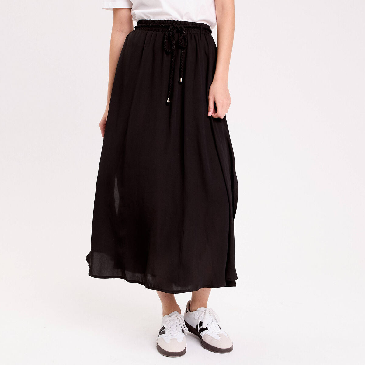 Jupe longue évasée satin noir femme
