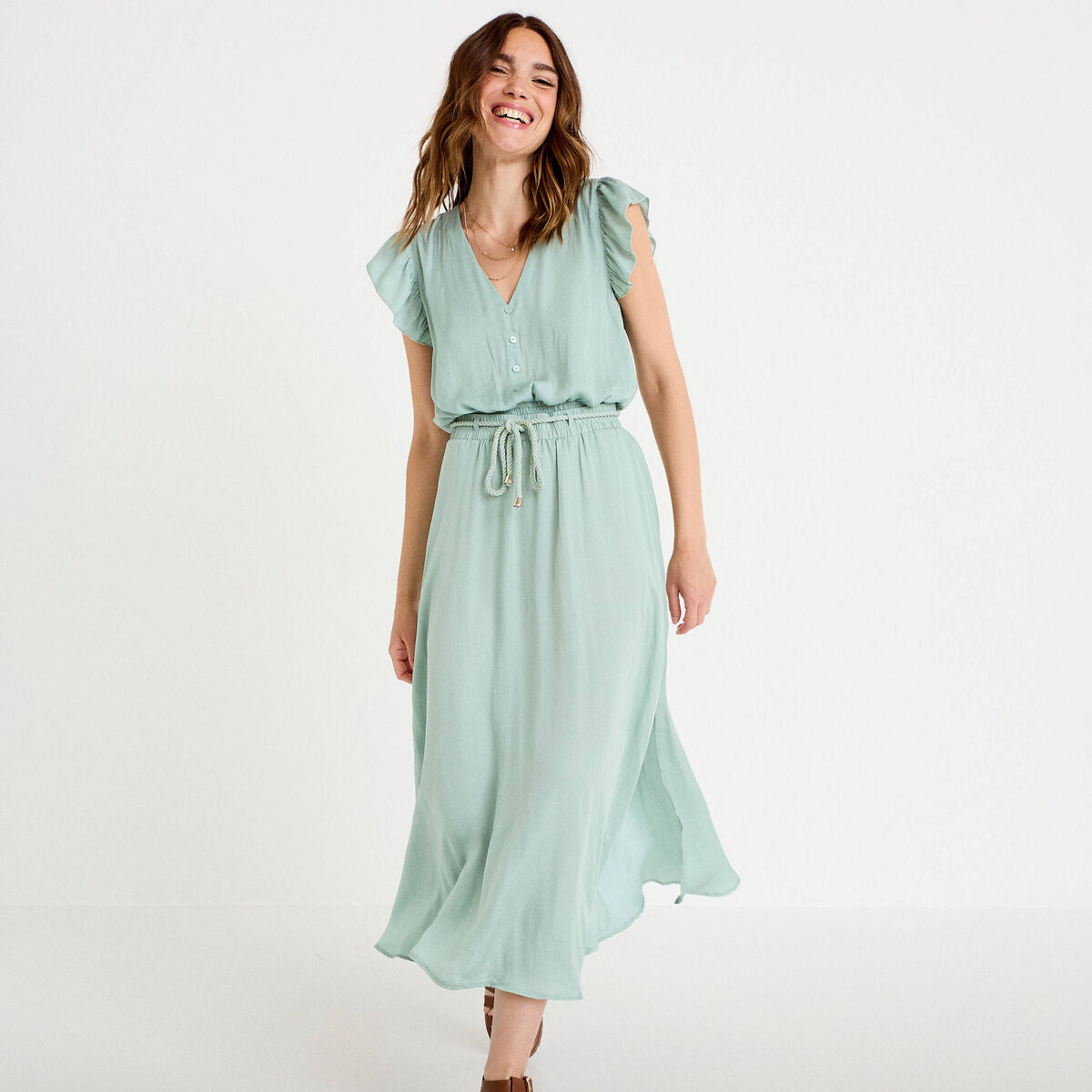 Jupe longue évasée satin vert pastel femme
