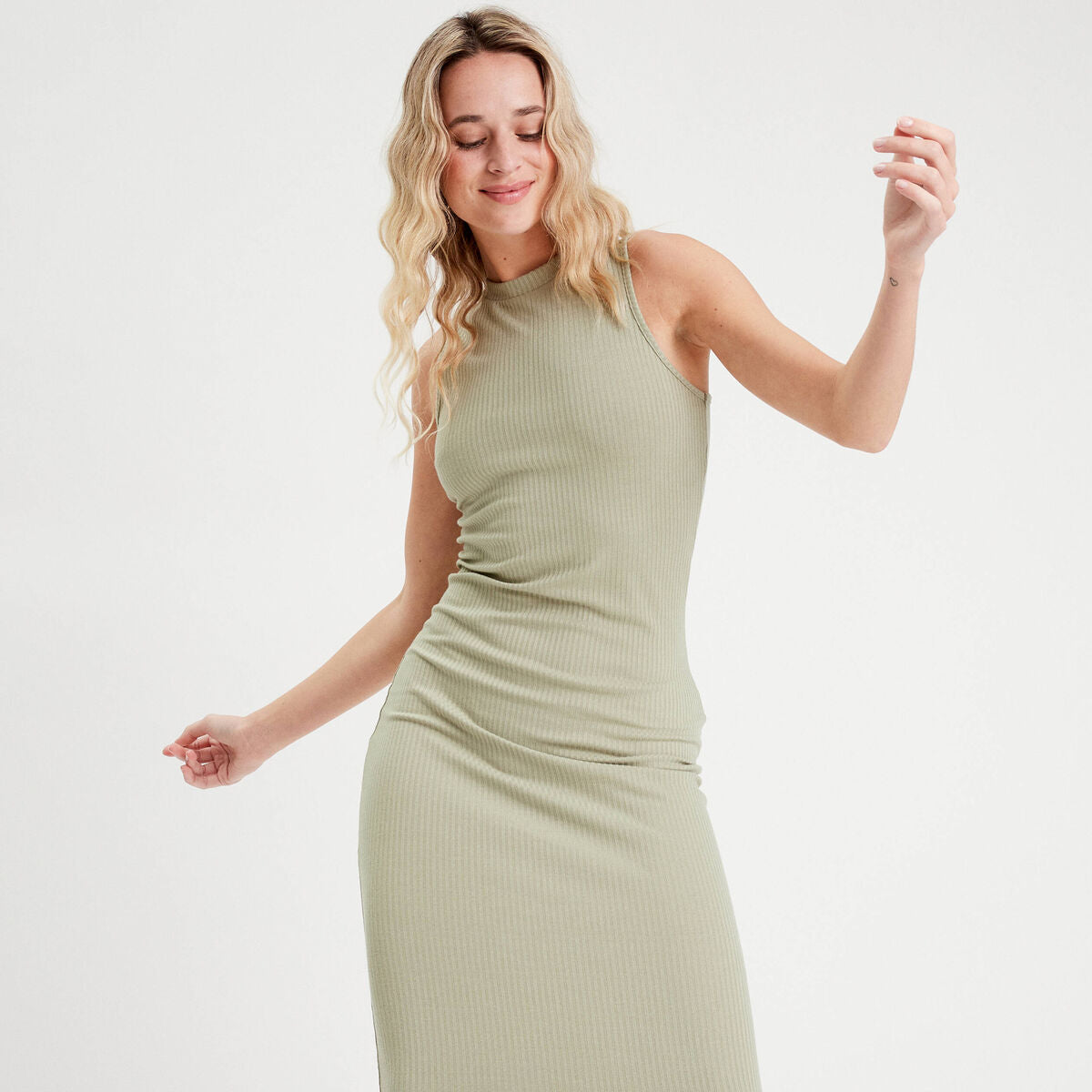 Robe longue moulante vert kaki femme