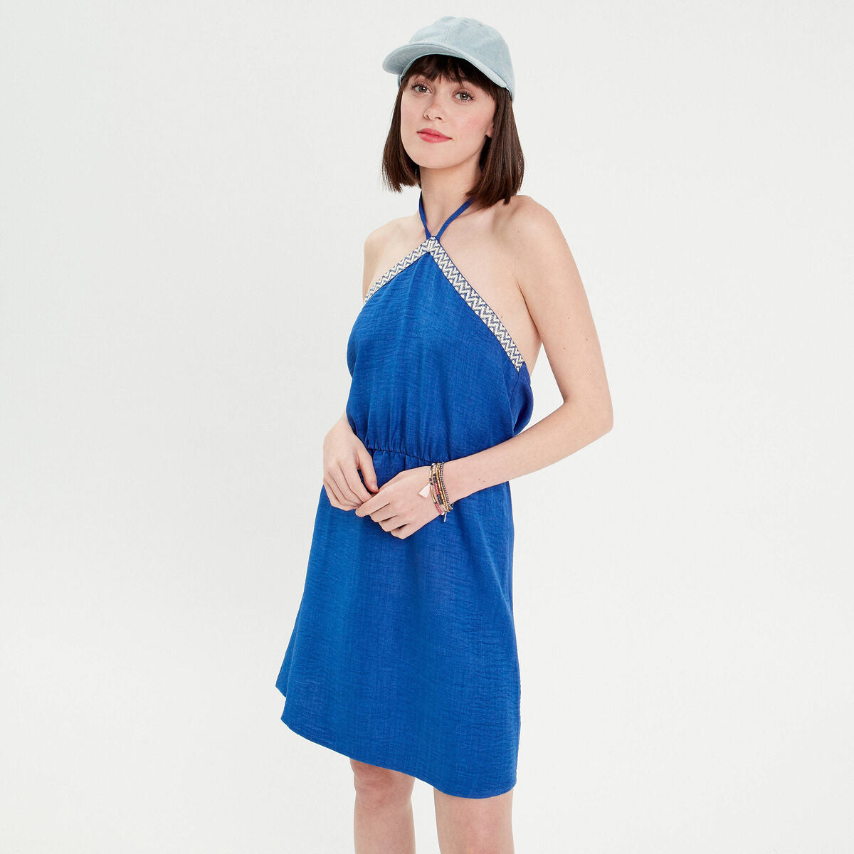 Robe évasée bretelles nouées bleu electrique femme
