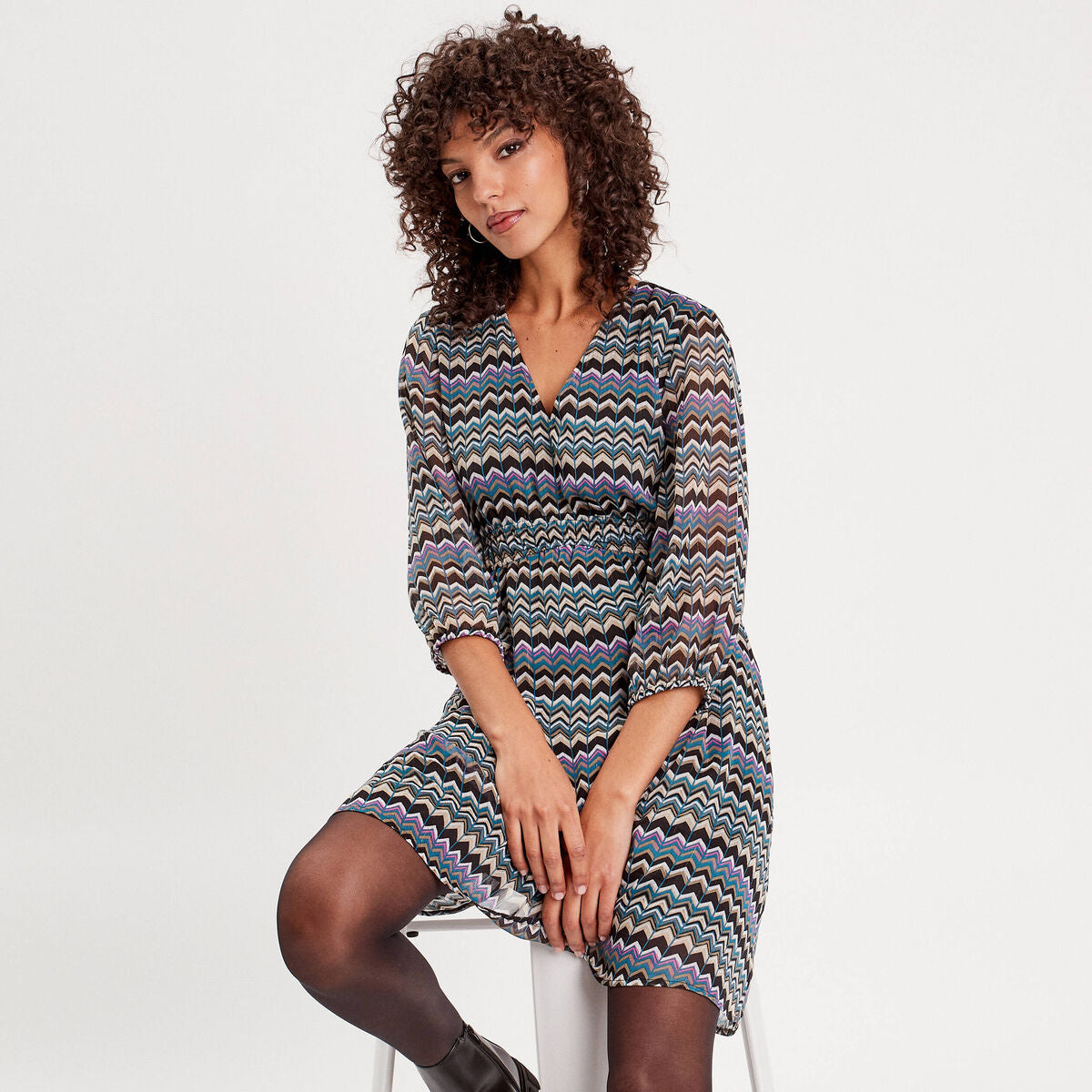 Robe évasée manches 3/4 noir femme