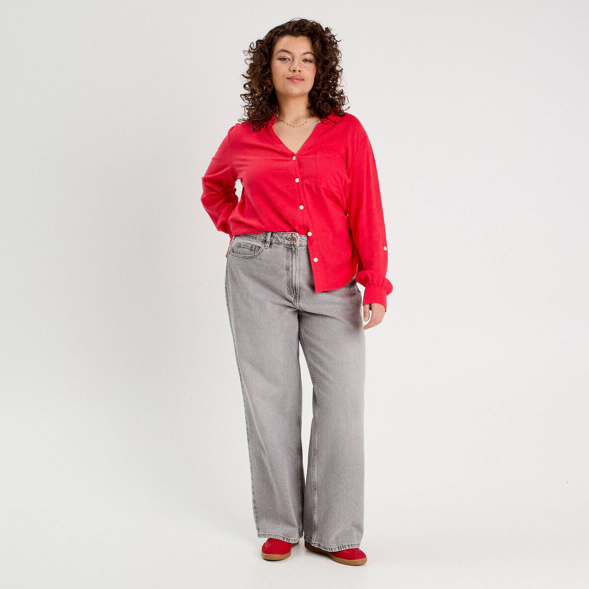 Chemise manches longues contenant du lin rouge femme