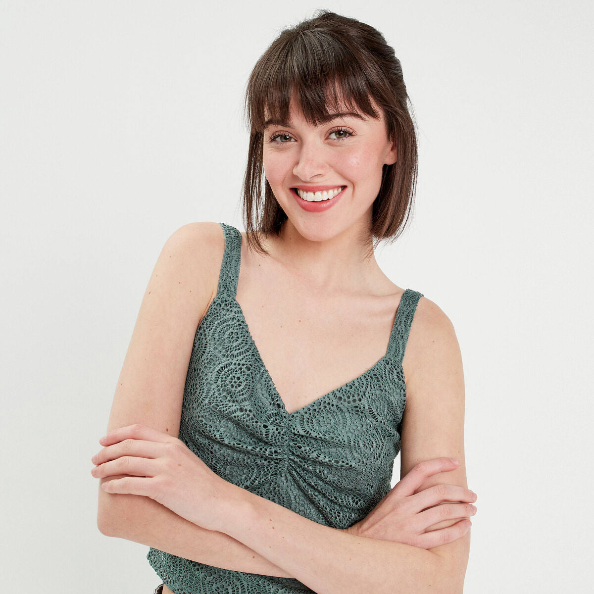 Débardeur cropped dentelle vert foncé femme