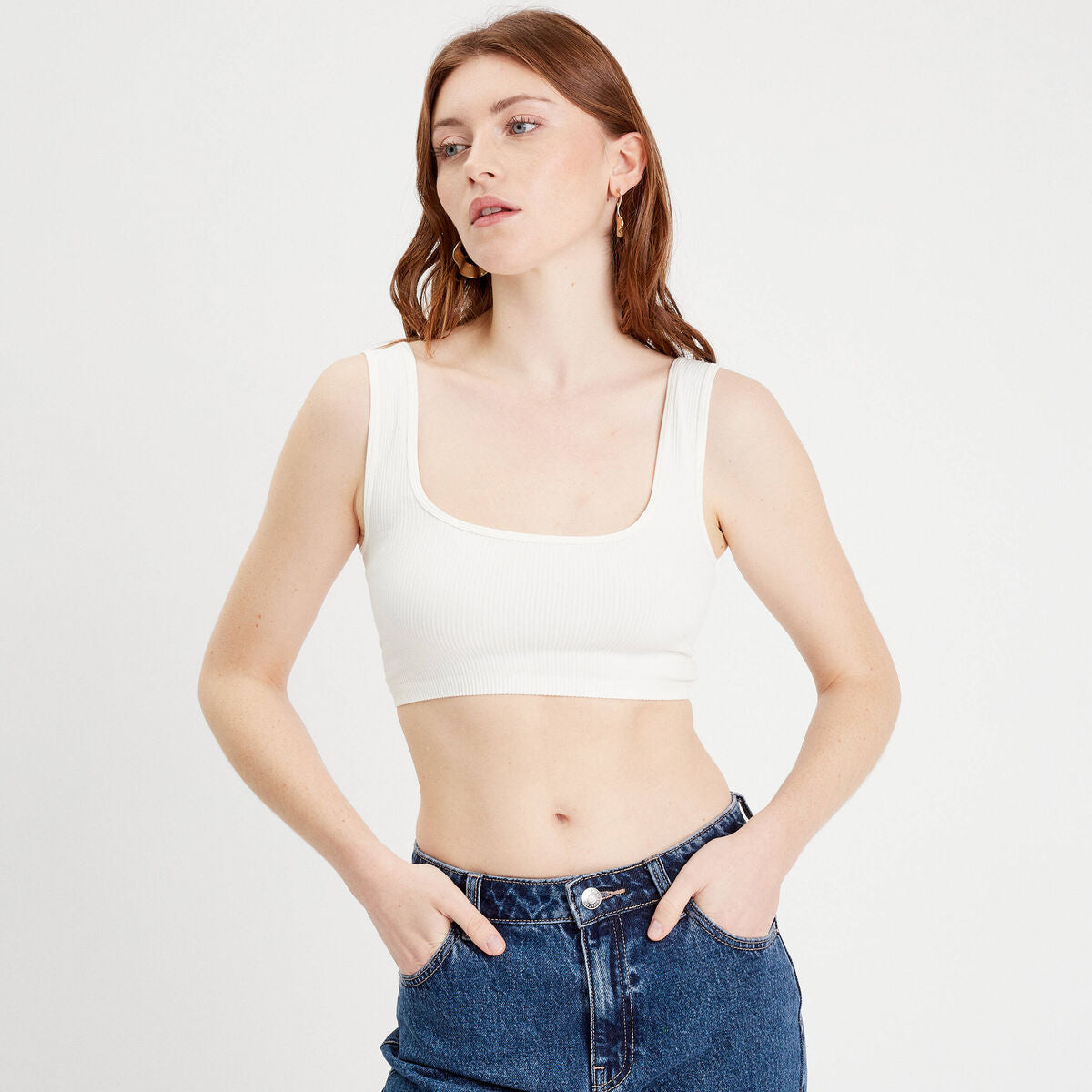 Débardeur cropped côtelé ecru femme