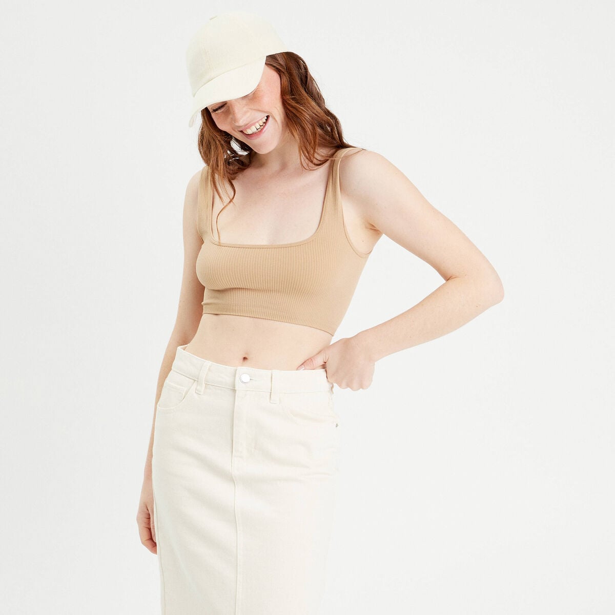 Débardeur cropped côtelé beige femme