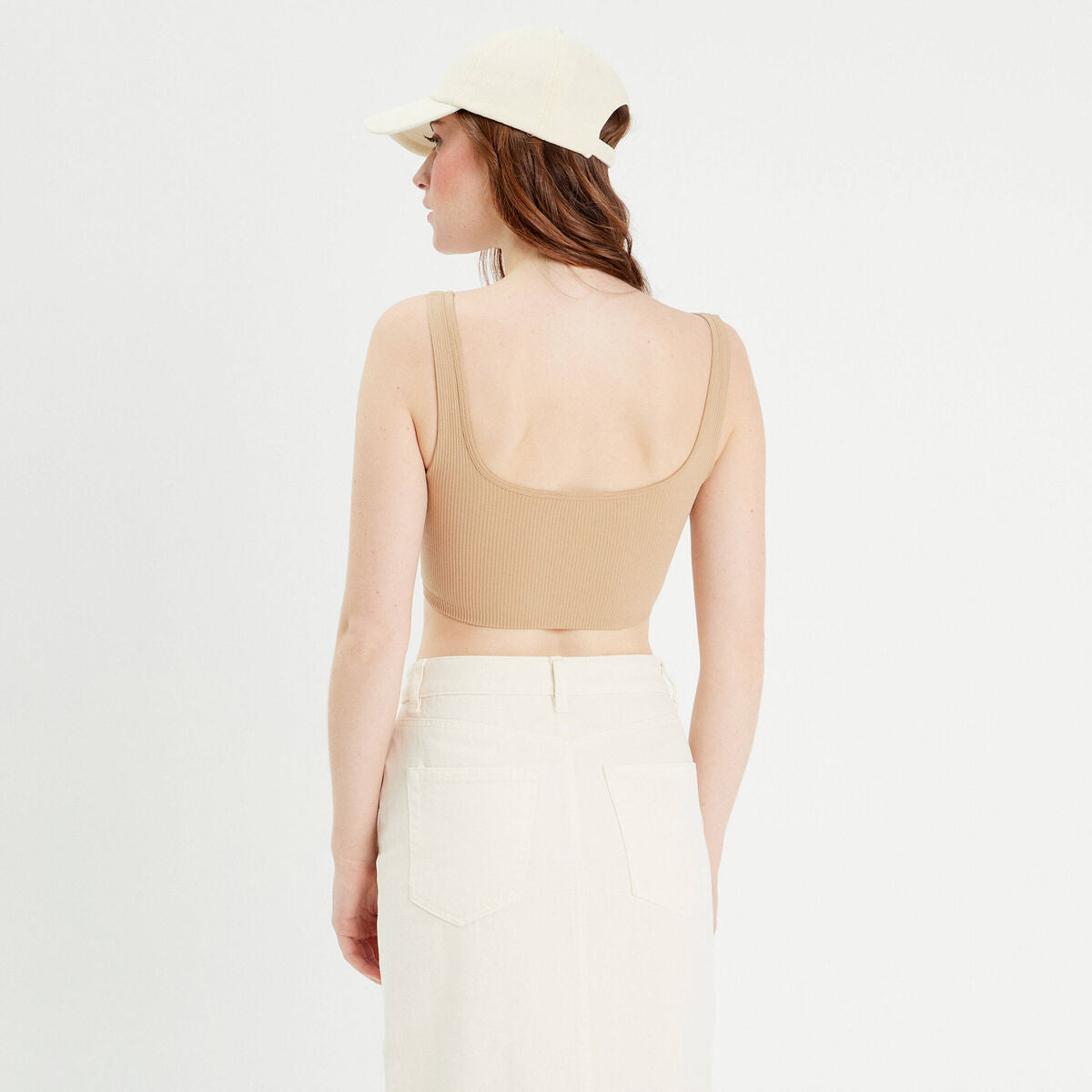 Débardeur cropped côtelé beige femme