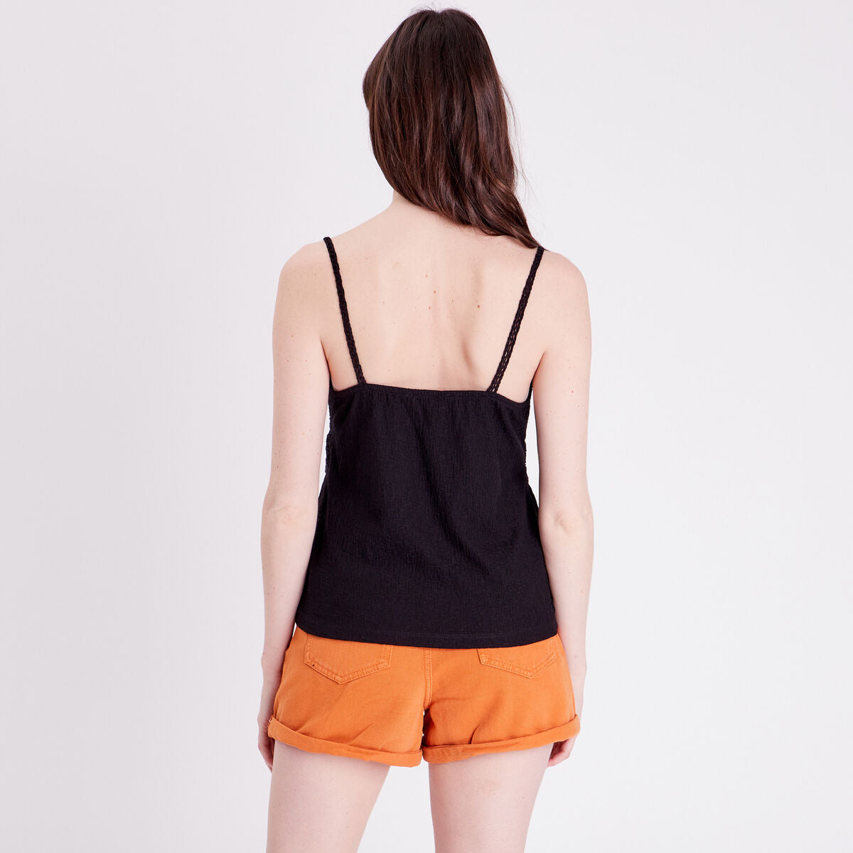 Débardeur col aspect crochet noir femme