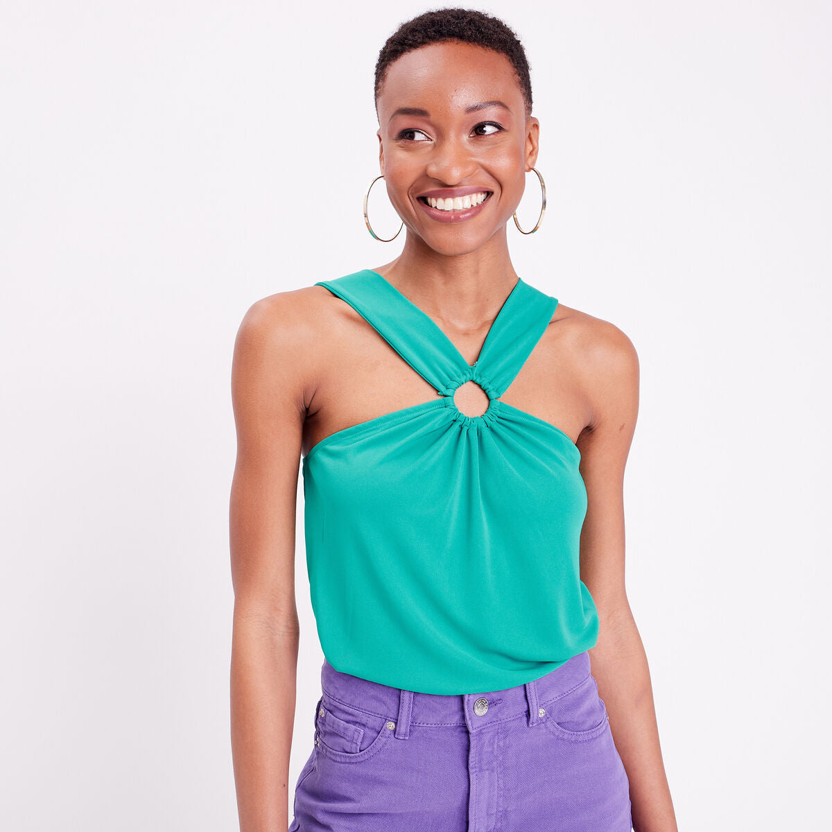 Débardeur col avec anneau vert femme