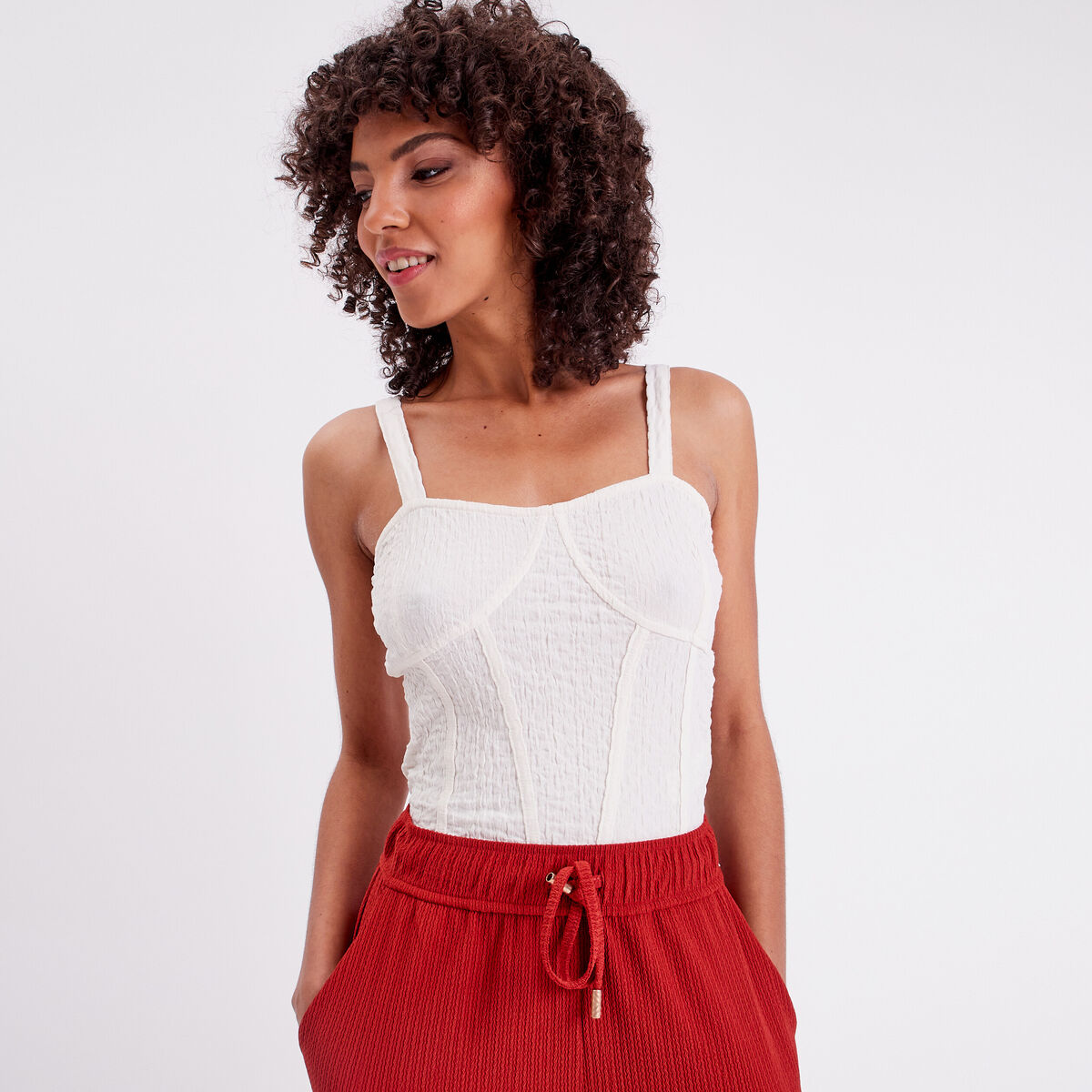 Débardeur bustier gauffré ecru femme