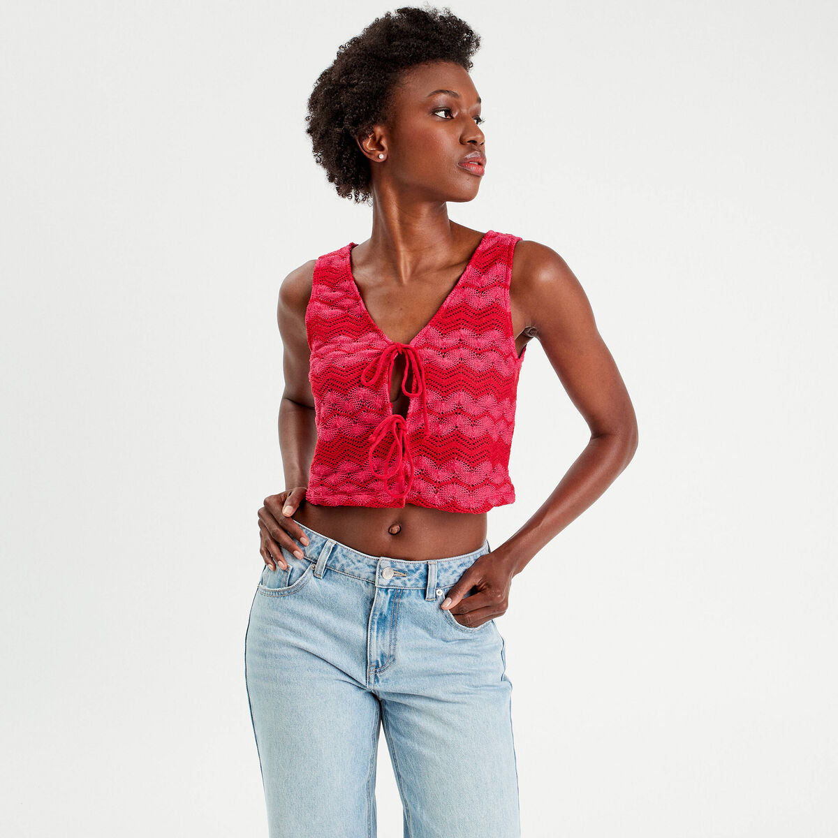 Gilet cropped crochet rose fushia femme