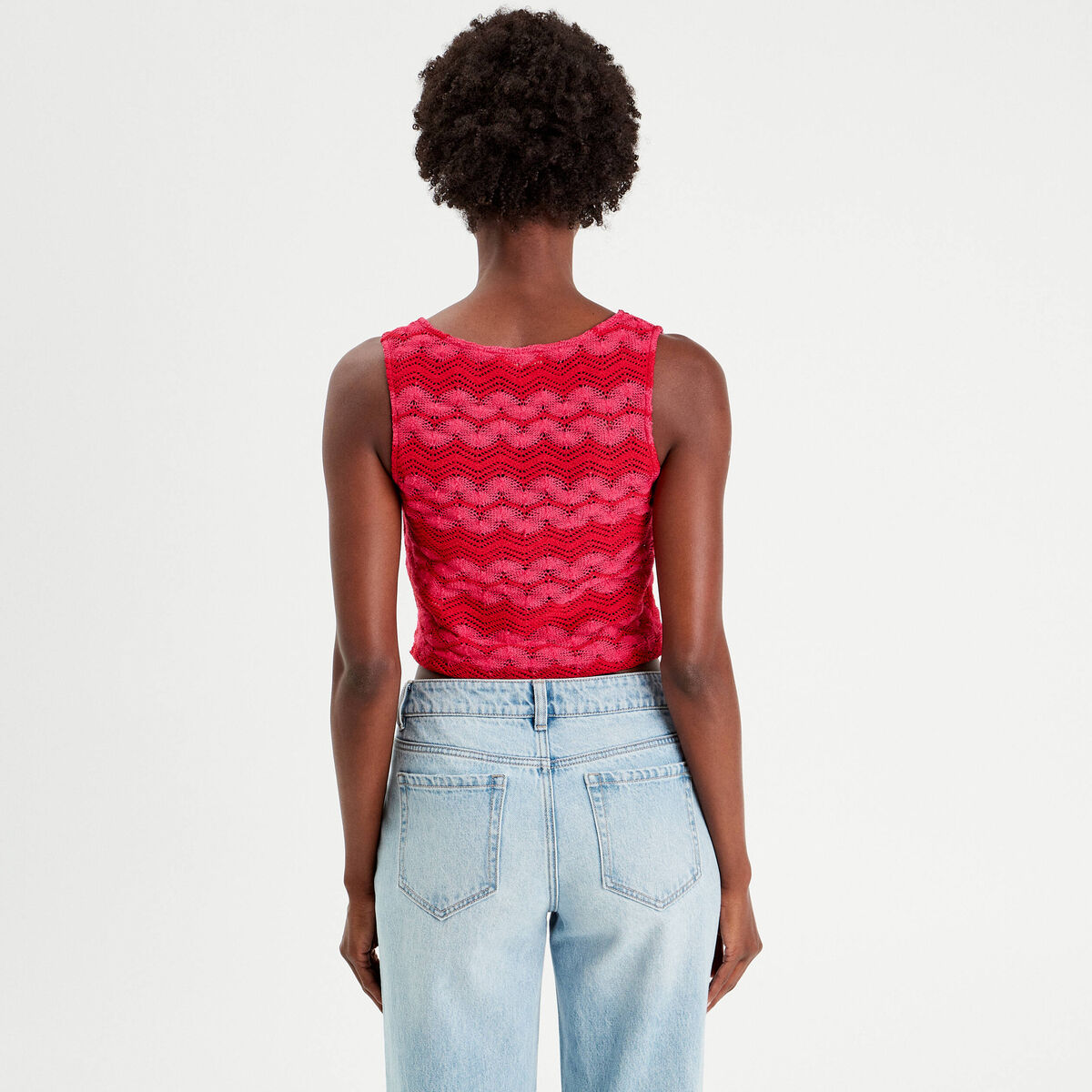 Gilet cropped crochet rose fushia femme