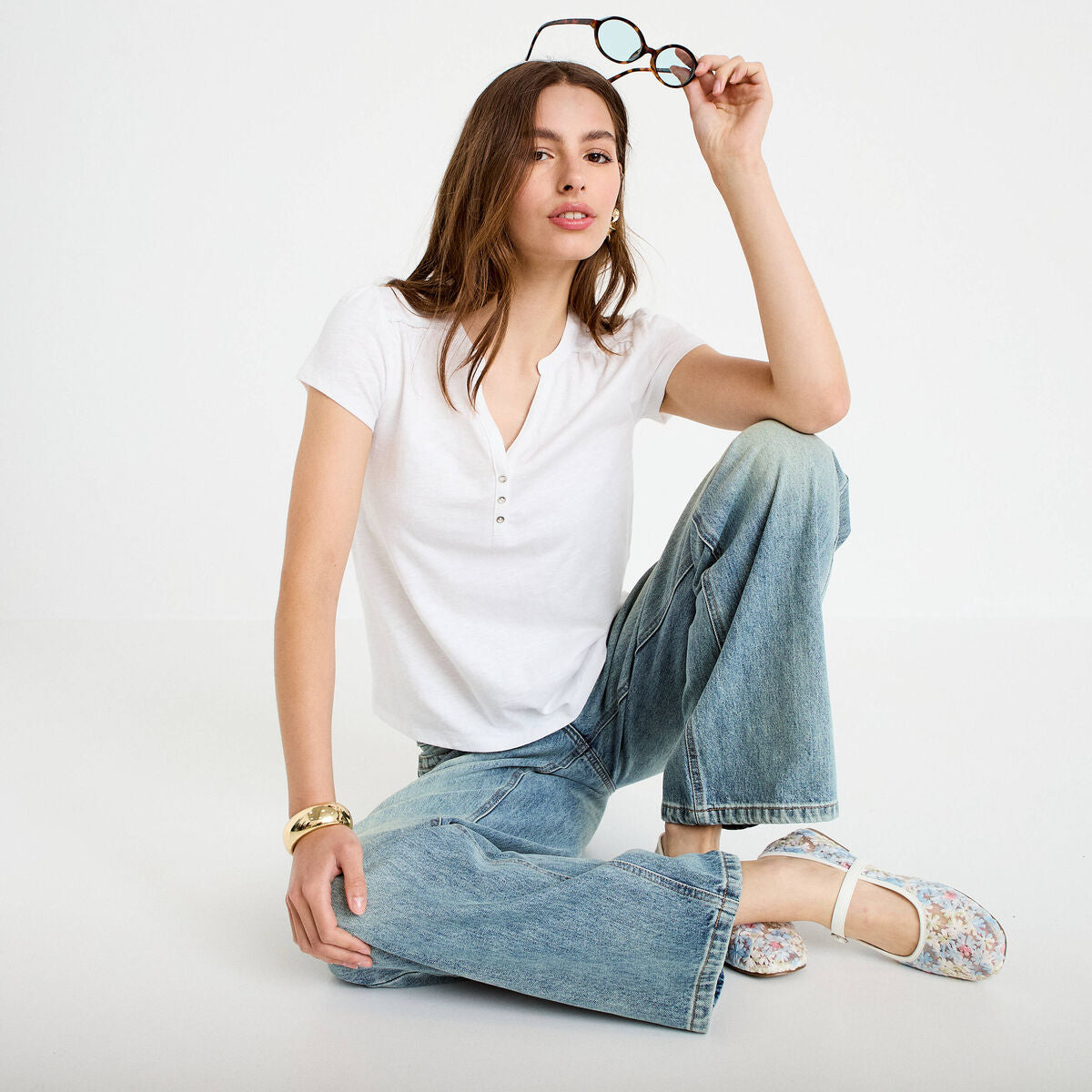 T-shirt boutonné sur le devant blanc femme