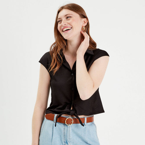 Blouse manches courtes nouée noir femme