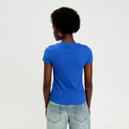 T-shirt côtelé ajusté manches courtes bleu electrique femme