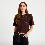 T-shirt macramé col rond marron foncé femme
