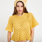 T-shirt macramé col rond jaune femme