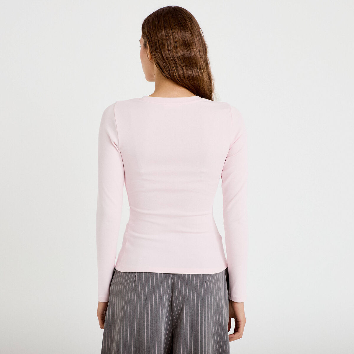 T-shirt cintré col rond manches longues rose clair femme