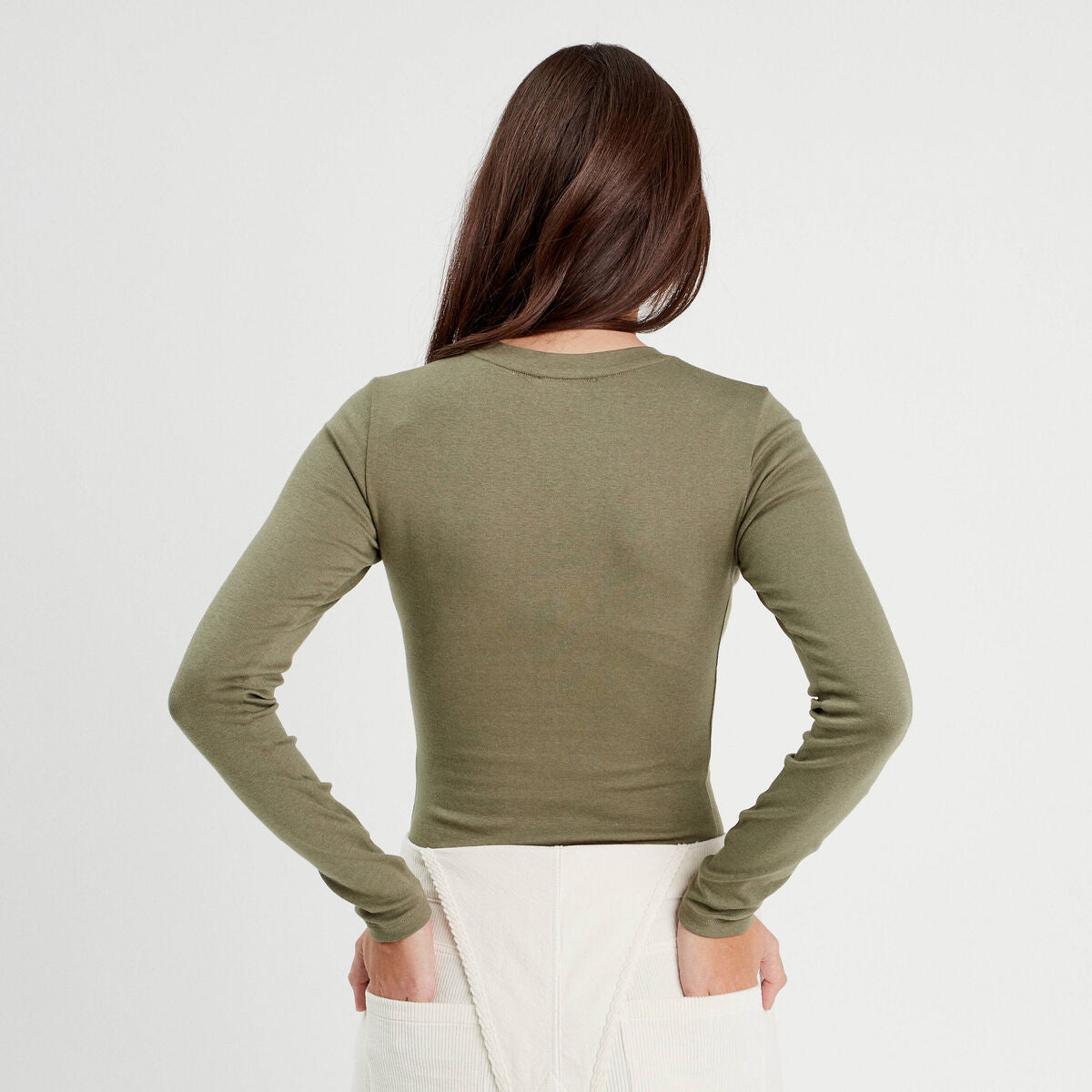 T-shirt cintré col rond manches longues vert kaki femme