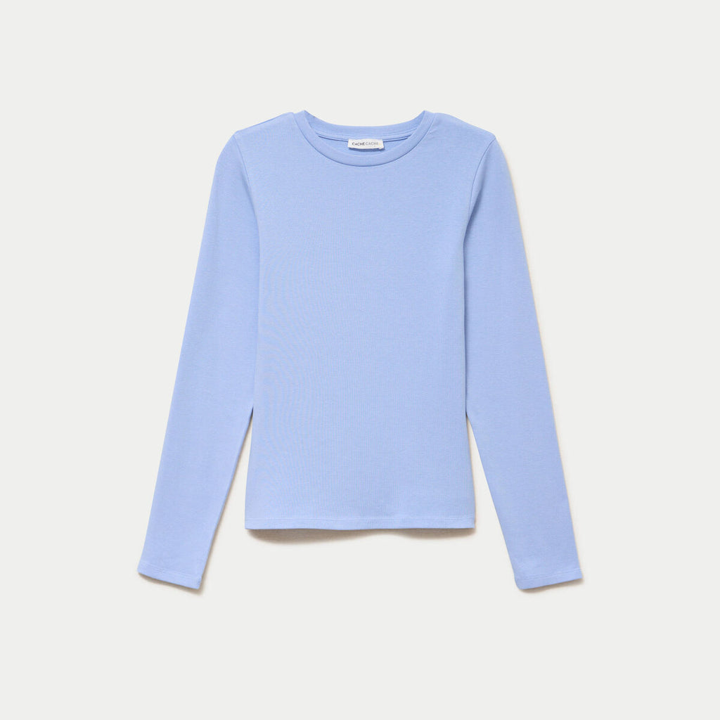 T-shirt cintré col rond manches longues bleu clair femme