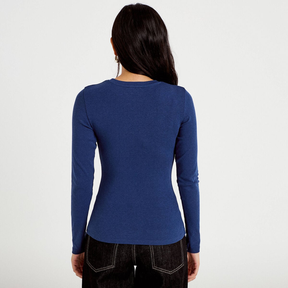 T-shirt cintré col rond manches longues bleu foncé femme